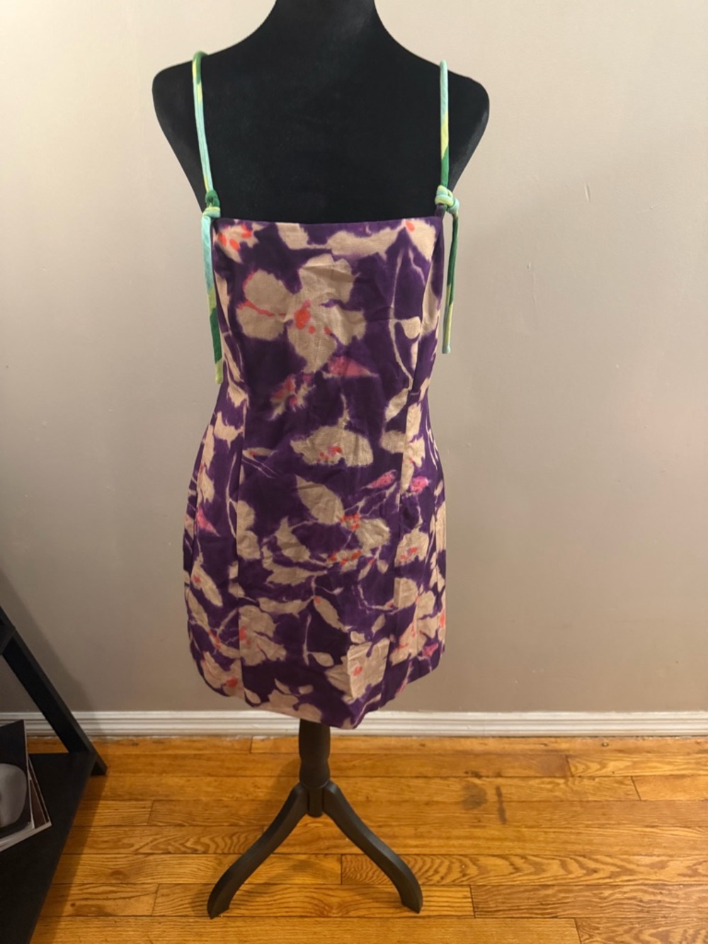 Zara Purple and Cream Floral Slip Dress with Mint Ties